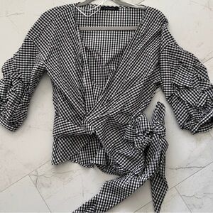 Lulumari Plaid Wrap Blouse V-Neck Puff Sleeve. Size Large